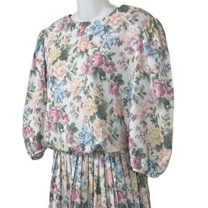 VTG Women's Penbrooke Lane Pastel Floral Puff Sleeve Midi Dress Cottagecore USA